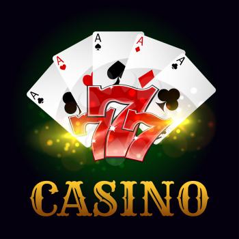 Casino poster. Poker game aces cards with lucky number seven. Vector design for casino gamble fortune advertising poster, poker game placard