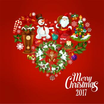 Heart created of Christmas tree with lights, bauble and gift box, Santa Claus, holly berry, snowflake, xmas wreath, candy cane, snowman, candle, bell, gingerbread man and clock with poinsettia flower