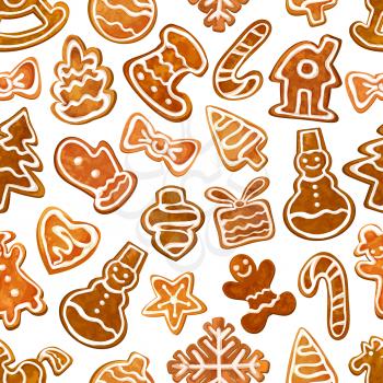 Christmas gingerbread seamless pattern with glazed ginger cookie xmas tree, star, man, gift box, heart, snowman, candy cane, house, bauble, snowflake, stocking sock and mitten