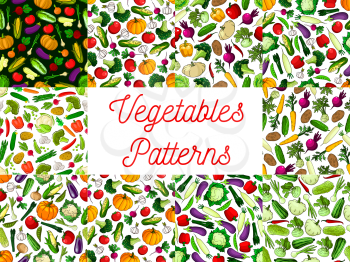 Vegetables patterns set. Background of vegetable icons. Seamless vegan background of fresh natural farm veggies cabbage, cauliflower and pepper, tomato and cucumber, pumpkin and broccoli, carrot, daik