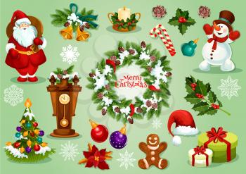 Christmas and New Year icon set with gift box, Santa Claus, xmas tree and holly berry, snowman and snowflake, candy cane and bell, candle, bauble ball, santas hat and gingerbread man, poinsettia, cloc