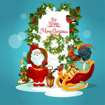 Santa Claus with gift Christmas greeting card. Santa with present box in sleigh, xmas tree, holly berry and pine wreath with ball, snow and ribbon, candle lantern, rooster and bullfinch poster design
