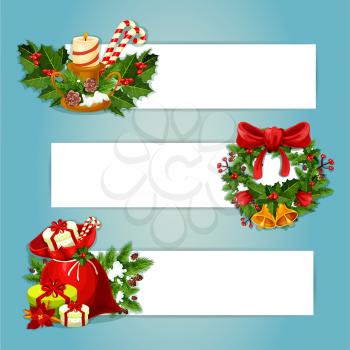 Christmas banner with copy space and holly berry composition. Gift bag with present box, pine and ilex wreath with bell and bow, candle holder with fir and candy cane, poinsettia flower and cone