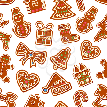 Christmas traditional cookie seamless pattern of gingerbread with sugar icing ornament. Xmas background with gingerbread Christmas tree, gift box, snowman, candy, bell, sock, hat, man, house and heart