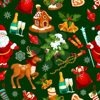 Christmas and New Year seamless pattern background with Santa Claus, gift bag with present, candy, holly and pine tree with candle and bell, bauble ball, snowflake, gingerbread house, deer, shampagne