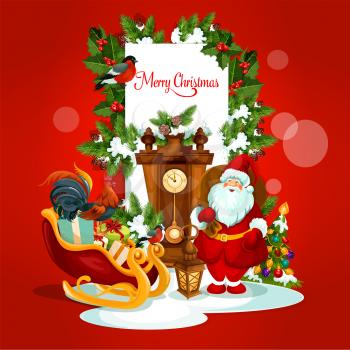 Merry Christmas card of Santa Claus with gift, xmas tree with ball, sleigh full of present box, holly and pine tree branches, lantern, clock, rooster, bullfinch. New Year, winter holidays design