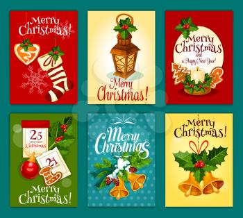 Merry Christmas card or poster set. Holly berry and pine branch with bell, candle and lantern, xmas stocking sock with ribbon and gingerbread, snowflake, bauble and calendar for winter holidays design