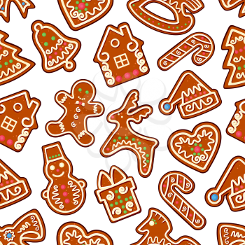 Christmas cookie and sweets seamless pattern of gingerbread man, gift box, xmas tree, snowman, candy cane, bell, santas hat, bow, heart, deer, rocking horse. New Year dessert background design