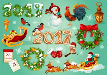 Christmas and New Year poster with Santa and gift in sleigh with deer, holly and xmas tree wreath with bauble, snowman, star, snowy pine and gingerbread number 2017, rooster, calendar, owl, bullfinch