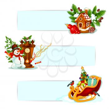Christmas winter holiday banner set. Xmas tree with ball and gift, snowman with snowy pine, gingerbread house, christmas bauble, santas sleigh, clock and bullfinch. Xmas and New Year decor design