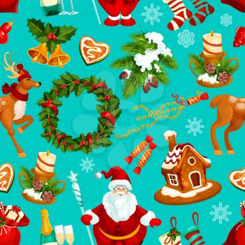 Christmas winter holidays seamless pattern of Santa, gift, candy, holly berry wreath with ribbon, bell, pine tree, snowflake, candle, xmas sock, gingerbread house and heart, bauble ball, reindeer