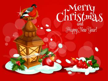 Christmas Day and winter holidays greeting card. Xmas candle lantern with holly berry branch, red bauble ball, snow and bullfinch. Merry Christmas and Happy New Year poster design