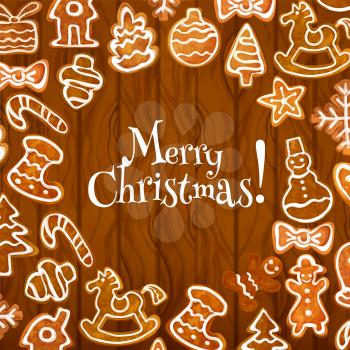 Christmas cookie poster on wooden background. Gingerbread man, candy, star, xmas tree, gift box, snowflake, snowman, bauble, bow, stocking sock, house for xmas greeting card, winter holiday design