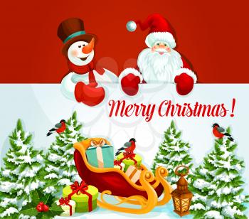 Christmas holiday poster. Santa Claus and snowman showing banner with santas sleigh full of presents and gift box, candle lantern, holly berry and pine tree with bullfinch. Xmas greeting card design