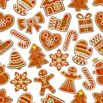 Ginger cookie Christmas festive dessert seamless pattern of gingerbread man, xmas tree, gift box, bell, snowflake, candy cane, star, house, sock, mitten, snowman with sugar glaze ornament
