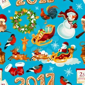Christmas winter holidays seamless pattern with gift, Santa, snowman, star, xmas tree wreath with ball, gingerbread number, snowflake, santas glove, rooster, owl, bullfinch, reindeer sleigh, calendar