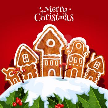 Christmas gingerbread house greeting card. Snowy street of Christmas town with gingerbread cookie home, decorated by sugar icing window and door, holly tree leaf and red berry. Xmas festive design