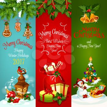 Xmas holiday banner set. Christmas tree with ball, gift bag with present and candy, snowman with santas sleigh and lantern with bullfinch, adorned by holly and pine branches with bell and gingerbread