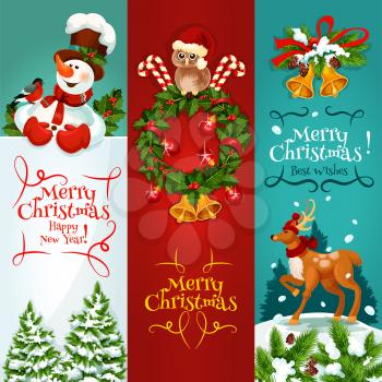 Merry Christmas festive banner set. Holly berry wreath with candy, bell, ball and owl in santas hat, snowman with greeting card and snowy pine, reindeer in winter forest landscape. Xmas card design