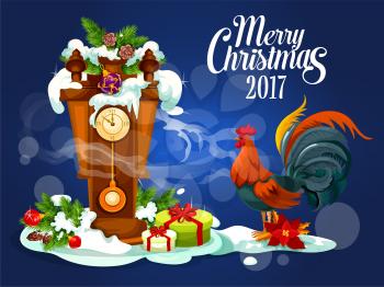 Chinese New Year rooster with gift greeting card. Christmas present box with ribbon bow, clock with pine branch and bauble ball, covered with snow and rooster with poinsettia for winter holiday design