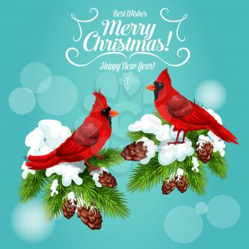 Christmas cardinal bird winter holidays greeting card. Red cardinal sitting on snowy pine branch with cones and vignette frame with text Merry Christmas and Happy New Year. Festive poster design