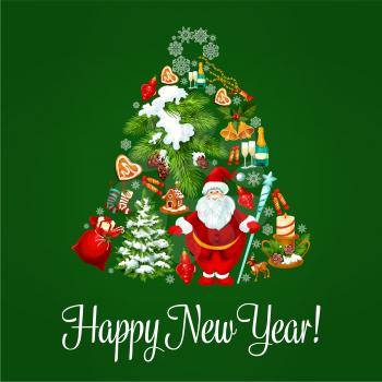 Happy New Year poster. Vector greeting card with jingle bell symbol of christmas tree balls, santa claus sack with gifts, sweets, ginger cookies, candles, biscuits, new year champagne, garlands, pine 