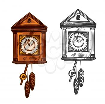 New Year clock. Vector isolated sketch cuckoo wall clock with pendulum and fir cones cones. Arrows in minutes before midnight. Retro symbol for christmas, new year celebration