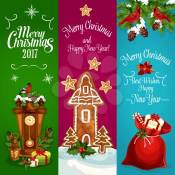 Christmas banners set. New Year celebration greeting. Vector cuckoo wall clock, holly leaves with berries, bullfinch, christmas tree, gifts in santa sack, poinsettia star flower, gingerbread cookie, n