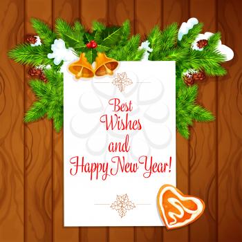 New Year congratulation card. Vector poster with best wishes, holly leaves and berries, pine tree branches with sow, golden bells, gingerbread heart Christmas greeting on wooden background