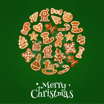 Merry Christmas poster with gingerbread cookies in shape of traditional new year symbols and christmas trees, gifts, stockings, mittens, snowman, stars, christmas balls, snowflakes
