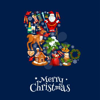 Merry Christmas poster. Vector greeting card with traditional christmas stocking symbol of santa reindeer, new year gifts, gingerbread cookies, christmas tree garlands and wreath, candles, biscuits, c
