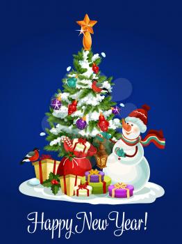 Happy New Year vector poster, greeting card with snowman in knitted scarf, decorated christmas tree with balls, winter snow, santa sack with gifts