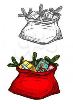 Christmas gifts. Santa bag sack full of new year gifts, sweets, christmas tree. Vector isolated color sketch
