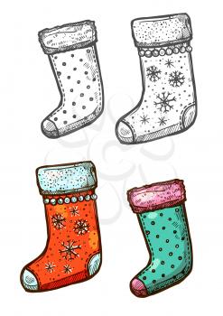 Christmas stockings. Vector isolated sketch icons. Traditional new year symbol of hanging christmas stockings decorated with winter snowflakes for Santa gifts