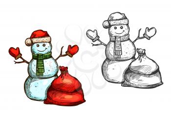 Snowman vector isolated sketch icon. Christmas snowman with Sant gift sack, knitted winter mittens, hat, scarf