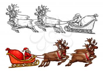Christmas Santa riding on sleigh with reindeer and big gift back sack full of sweets. New Year Santa team sledding. Isolated color sketch symbol for greeting