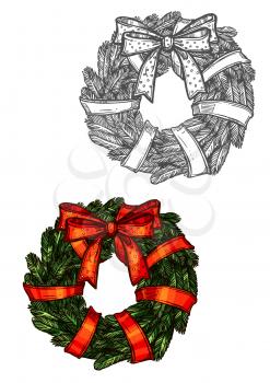 Christmas fir wreath tied with red ribbon. Traditional new year decoration symbol. Vector sketch isolated new year wreath with bow of pine tree branches