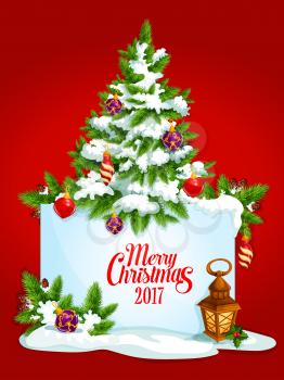 Merry Christmas 2017. New Year vector poster, greeting card with christmas tree covered with snow, balls, lantern, pine cones, holly leaves wreath with winter berries