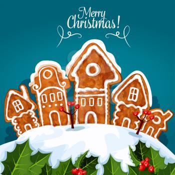 Merry Christmas celebration poster of vector gingerbread houses covered with snow, holly leaves with winter berries. Traditional new year baked gingerbread biscuit cookies