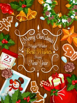 Merry Christmas and Best Wishes congratulation poster. New Year greeting card with traditional symbols of christmas celebration. Vector Santa gift bag, gingerbread biscuits, stars, balls, bells, chris