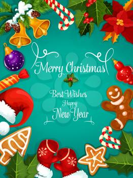 Merry Christmas and New Year greeting card, poster. Best Wishes congratulations fro New Year and Christmas holidays celebration. Vector symbols of Santa gift bag, hat, mittens, christmas stocking, poi