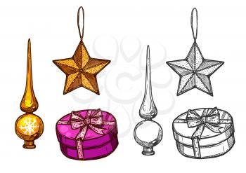 Christmas baubles ornaments. Isolated vector sketch icons of star, Christmas tree topper spire. New year gifts tied with ribbon