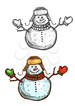 Snowman vector sketch. Vector isolated icon of Christmas snowman with mittens winter hat and scarf. New Year holiday symbol