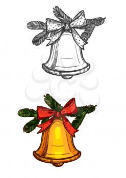Christmas bell sketch. Vector icons of christmas gold bell tied with red ribbon bow and fir branches. New Year symbol. Christmas tree ornament
