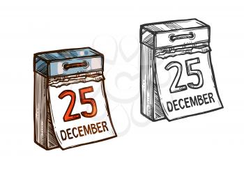 Christmas 25 December date. Wall calendar with torn sheets on christmas day. Isolated vector sketch icon