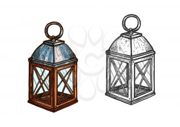 Christmas lantern. Retro candle light lantern lamp for New Year celebration. Isolated vector sketch icon