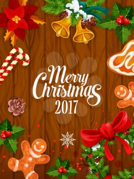 Merry Christmas greeting card. New Year 2017 holiday vector poster with ornaments of ribbon bow on christmas fir tree, gingerbread man, holly leaves, candy cane, snowflakes, poinsettia flower, cones, 
