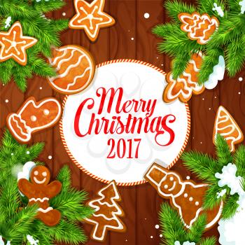Merry Christmas 2017 vector poster of gingerbread biscuit man, christmas tree, snowman, ball, mitten, star, pine cone, fir branches covered with snow. Traditional new year greeting card