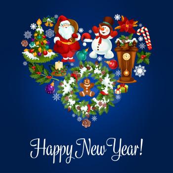 Happy New Year poster. Heart symbol of vector christmas ornaments holly wreath, santa with gifts bag, snowman, gingerbread man, poinsettia star flower, snowflake, candy cane, fir, cone, cuckoo clock. 