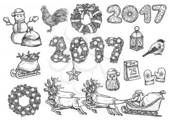 Christmas, New Year isolated sketch icons set. Vector Rooster cock symbol, santa sleigh with reindeer, 2017 decorated numbers, gifts bag, pine wreath, mittens, christmas date calendar, bullfinch, lant